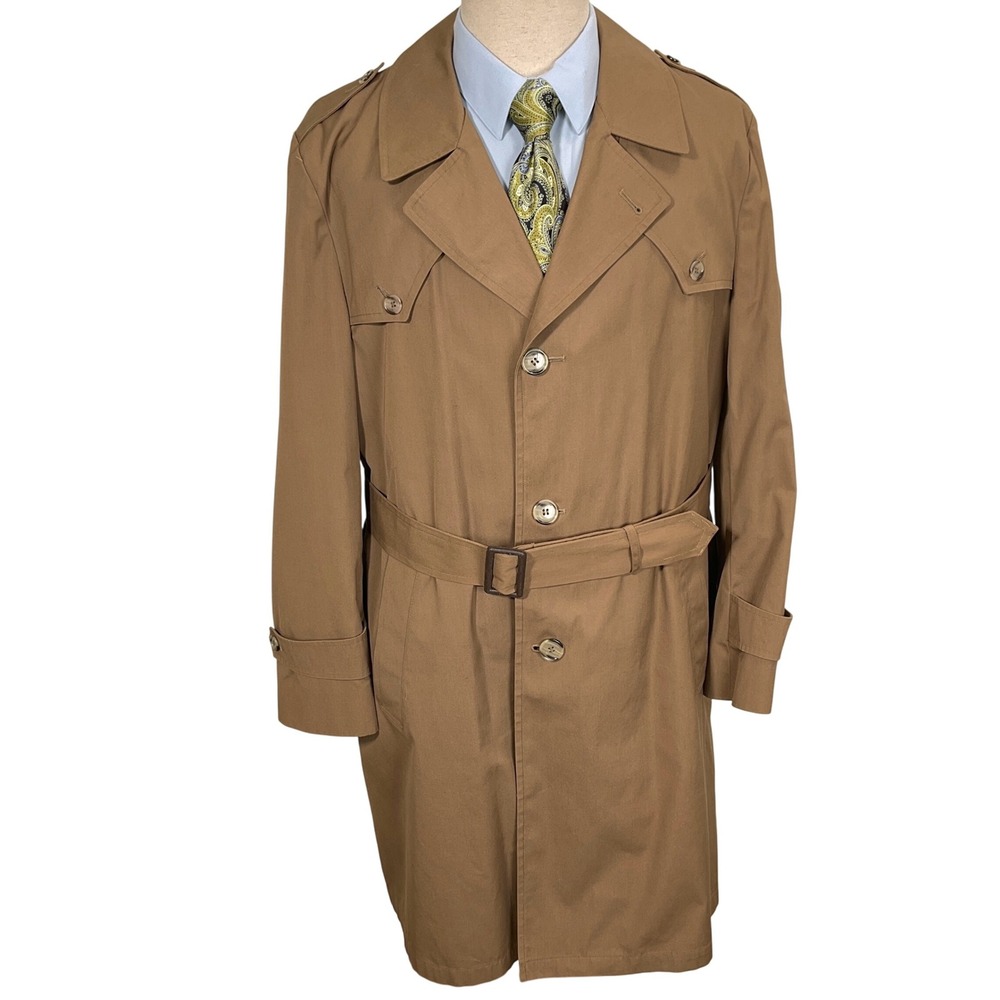 Botany 500 Trench Coat Mens 42R Tan Classic Belt Neutral  Long Blanket Lined VTG